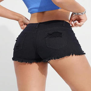 <span class=keywords><strong>Pantalones</strong></span> <span class=keywords><strong>cortos</strong></span> de pierna ancha de cintura baja de verano de moda personalizada de alta calidad <span class=keywords><strong>pantalones</strong></span> <span class=keywords><strong>cortos</strong></span> de mezclilla de mujer de alta elasticidad con agujero roto negro - Product Image 2