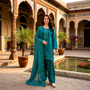 Ensemble Salwar Kameez brodé bleu sarcelle, tricoté, style ethnique indien, avec Dupatta à manches 3/4, tenue toutes saisons - Product Image 1