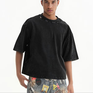 Produits populaires chauds 100% coton à manches courtes en détresse recadrée Boxy Tee personnalisé hommes O cou noir T-Shirts - Product Image 2
