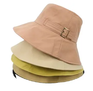 Groothandel emmer hoed vrouwen riem-Elegant Design Soft Cotton Design Belt Buckle Fancy Outdoor Summer Travel Hat Women Solid Plain Color Bucket Hat