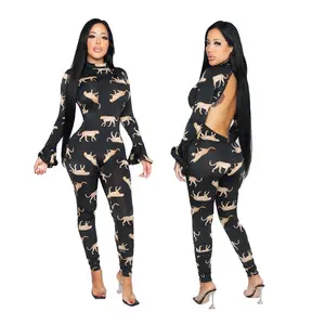 animal print catsuit Suppliers-2021 New Custom Logo Clothes Woman Long Sleeve Full Body Catsuit Cheetah Animal Print Flare Jumpsuit