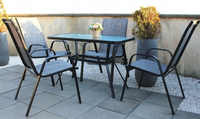Conjunto de Muebles de Exterior de Patio con Estructura Metálica Moderna de Primera Calidad, Mesa de Vidrio con Diseño de Grano de Agua y Orificio para Sombrilla