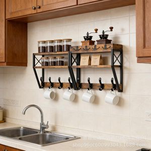 Wooden Wall Mounted Storage Rack 2 Tier <b>Shelf</b> With <b>Hooks</b> For Kitchen Living Room Entryway Key Bag Organizer - Product Image 1