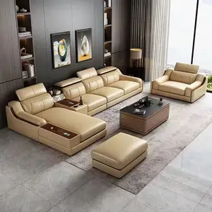 Stylish Italian Genuine Leather Sofa for Living Room with Cup Holder, USB, Adjustable Headrests & Bluetooth Speaker - MANBAS