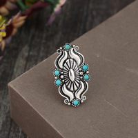 Boho terukir hadiah perhiasan Desember Birthstone Turquoise Cluster Chunky Band cincin untuk wanita Oval Turquoise Concho Ring