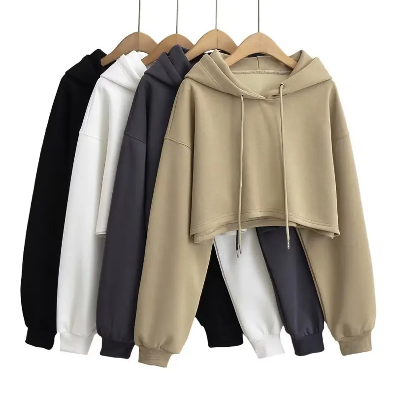 2024 Customผู้หญิงผ้าฝ้ายHoodie Casual Oversizeเสื้อCrop Topพร้อมโลโก้ตกแต่งHooded Collar Design