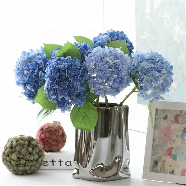 Flor de Hortensia blanca y azul de cabeza grande de seda Artificial de un solo tallo de alta calidad para fiesta, Hotel, decoración de mesa de boda