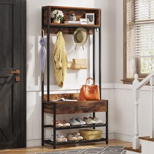 Suoernuo Arredamento Moderno per la Casa, Appendiabiti in Legno e Metallo, <span class=keywords><strong>Scarpiera</strong></span> a 3 Livelli, Scaffale Portaoggetti 4-in-1 <span class=keywords><strong>con</strong></span> 9 Ganci - Product Image 3