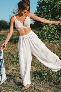 Relaxed Fit Elasticated Harem Barrel <b>Trousers</b> in <b>White</b> 100% <b>Linen</b> Casual Style for Lounging Travel Autumn Mid Waist India - Product Image 6