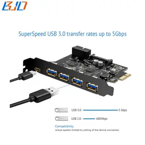4 conector USB 3,0 tipo A + 1 tipo C a PCI-E PCIe 1x tarjeta vertical de expansión con puerto de alimentación SATA y enchufe USB3.0 de 19 pines