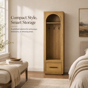Porte-manteau fin <span class=keywords><strong>en</strong></span> bois massif français, meuble d'entrée arqué pour petit hall, armoire de vestiaire, unité de rangement d'angle - Product Image 1