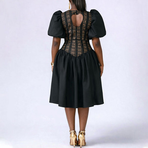 BR6845 Nouvelle robe pour femmes grandes tailles, col en V, manches bouffantes, taille cintrée, imprimé floral, patchwork - Product Image 1