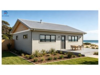 Villa de luxe préfabriquée en acier léger en forme de L, style maison de plage côtière australienne, 3 chambres, 2 salles de bain, plain-pied, modulaire, vue sur la mer, clé en main