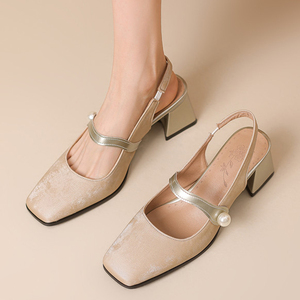 Large <b>Size</b> 48 Women Square Toe Satin Sandals Party Back Strap 6cm Chunky High <b>Heels</b> Wide Fit Pearl Buckle Shoes - Product Image 5