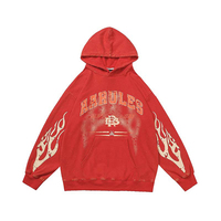 Sudadera con Capucha Personalizada para Hombre, Estilo Vintage, Lavado Ácido, 100% Algodón, Ecológica, con Estampado de Llamas, para Otoño