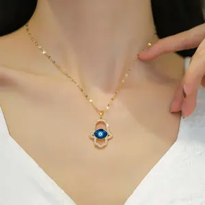 Zircon cubique bleu turc démon oeil Hamasa main en acier inoxydable main de Fatima collier femmes