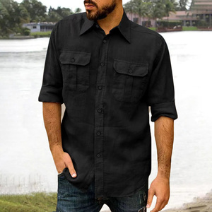 Chemise en coton et lin pour <span class=keywords><strong>homme</strong></span>, manches longues, couleur unie, décontractée, col à revers, double poche, chemise classique, vêtements <span class=keywords><strong>tendance</strong></span> pour <span class=keywords><strong>homme</strong></span> - Product Image 2