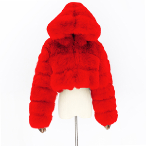 Manteau en fausse fourrure à la mode pour femmes à la mode personnalisé <span class=keywords><strong>bleu</strong></span> femmes manteau de fourrure <span class=keywords><strong>court</strong></span> coloré à capuche col de fourrure manteau uni - Product Image 1