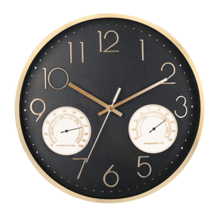 Reloj de Pared de Cuarzo Silencioso de 14 Pulgadas, Negro y Dorado, con Termómetro y Higrómetro, Funciona con Batería, para Oficina Corporativa - Product Image 1