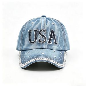 USA Letter Denim Baseball Cap with Rhinestone Bling Crystal Sports Sun <b>Hat</b> Adjustable - Product Image 4