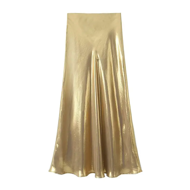 ZATRHMBM 2023 Women's Fashion Metallic Long Skirt Retro High Waist Women's Long Skirt
