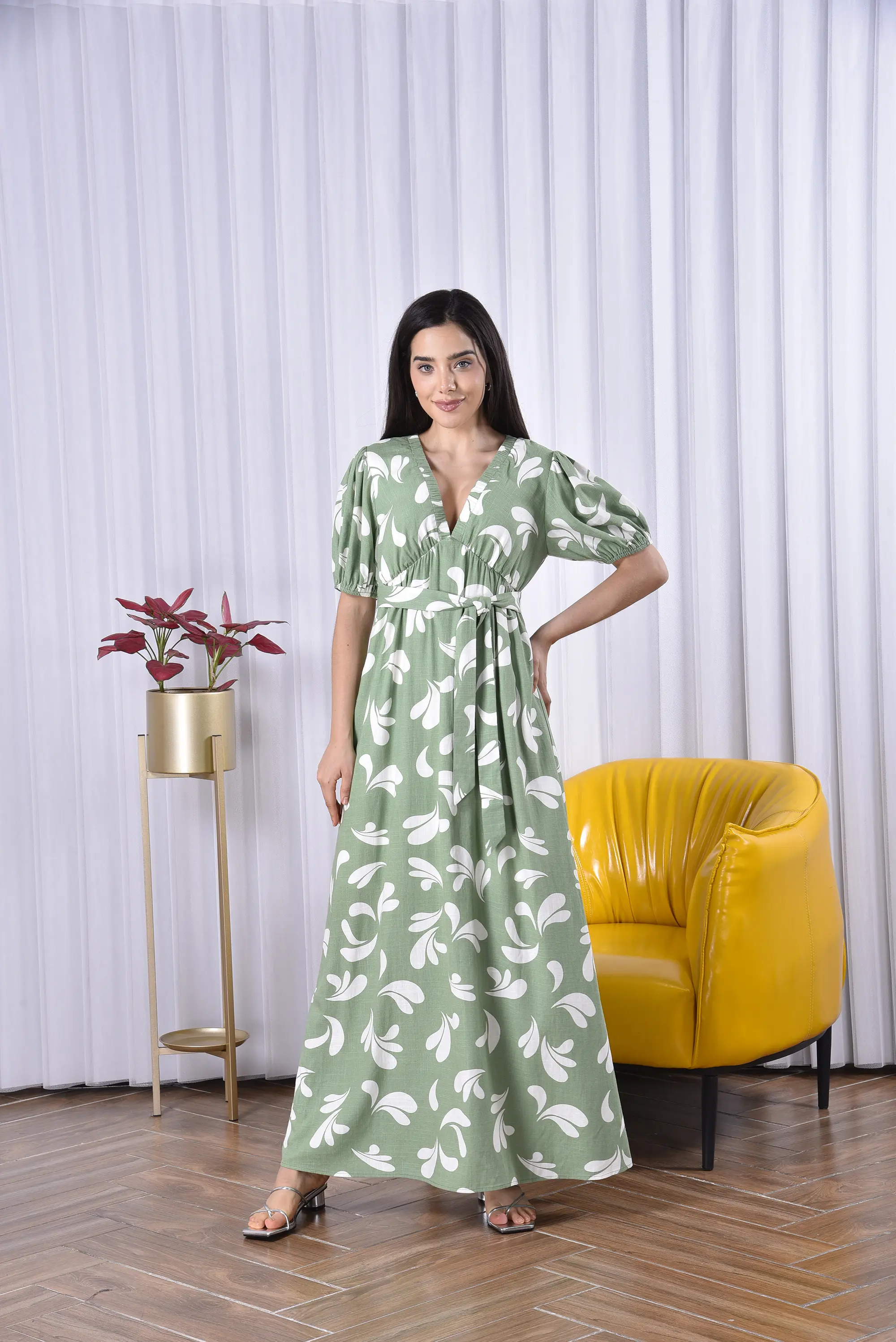 v-neck women lady elegant loose dress green casual bohemian floral printed belted large swing full length maxi dress for women