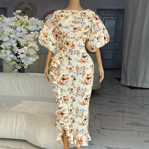 Vestidos estampados de mujer con cuello redondo, manga abullonada, cintura alta, abertura en la cadera y volantes laterales - Product Image 1