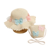 Nouveauté 2026 : Ensemble Chapeau de paille souple et mignon pour enfants, idéal pour l'été, la plage et les fêtes, avec sac à main rayé en dentelle, pour les voyages en extérieur