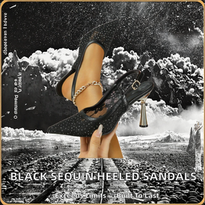 Zapatos de tacón alto franceses de verano 2026 con punta fina, tacón delgado, boca poco profunda, lentejuelas negras, suela de goma y tacones expuestos, a la moda y sexys. - Product Image 2