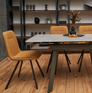Sedia da pranzo imbottita in tessuto <span class=keywords><strong>color</strong></span> <span class=keywords><strong>senape</strong></span> moderna elegante con schienale morbido per la <span class=keywords><strong>cucina</strong></span> della sala da pranzo - Product Image 6