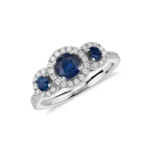 Fashion Silver Jewelry S925 Blue Sapphire Three Stone Moissanite CZ Engagement Ring Women