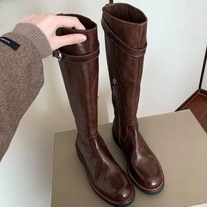 Bottes pour femmes, réplique d'un modèle célèbre sur internet ~ Bottes de cavalier hautes à plateforme et talon épais en cuir de cheval vieilli, automne-hiver - Product Image 5