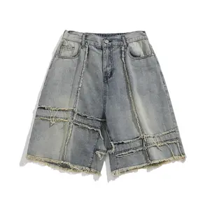 Casual Shorts Baggy Jeans Custom 80%cotton Breathable Denim Short For Men Knitted Washed Distressed Shorts Men Vintage Decorated