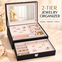 Boîte à bijoux personnalisée ovale de grande capacité à 2 niveaux en cuir PU avec miroir, couvercle transparent, organisateur pour bagues, boucles d'oreilles, colliers, bracelets