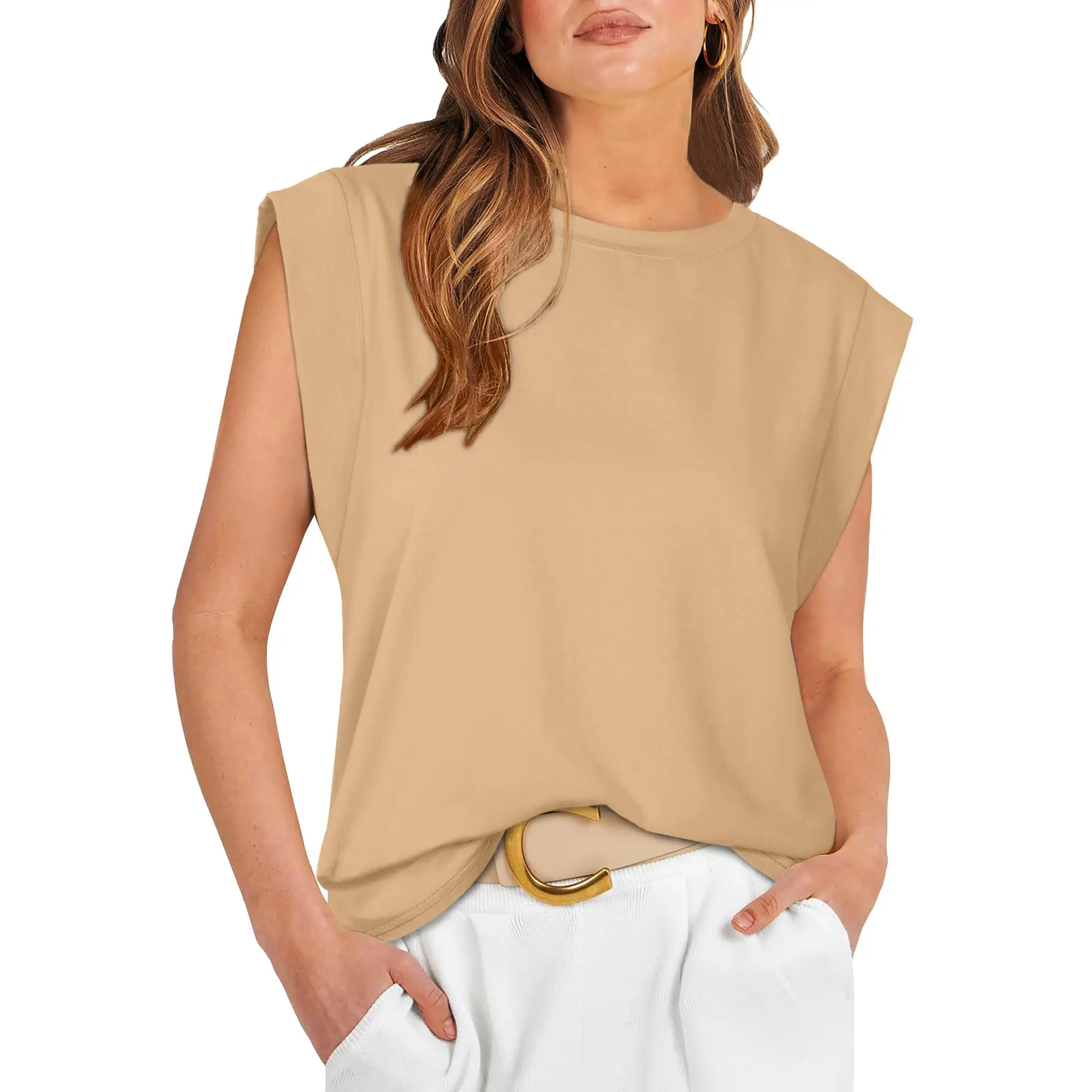 T-shirt 2024 donna personalizzata senza maniche estiva con maglia girocollo larga tinta unita