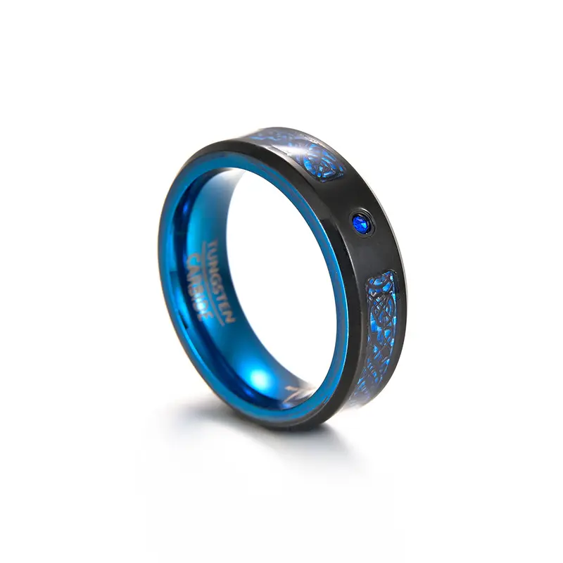 8MM Wide Inlaid Black Dragon Pattern Blue Carbon Fiber Mens Tungsten Ring