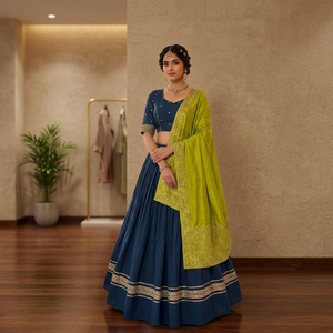 Lehenga Choli Tradicional Azul Marino para Mujer con Conjunto de Dupatta Verde Lima Profusamente Bordado para Bodas y Festivales Indios - Product Image 3