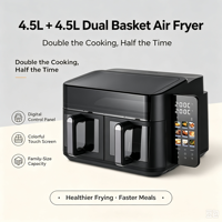 4.5L+4.5L Penggorengan Udara Digital Modern Kotak Baru dengan Dua Keranjang, Hemat Energi, Memasak Cepat, Peralatan Masak Listrik Rumah Tangga