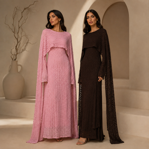 <span class=keywords><strong>Robe</strong></span> longue élégante en dentelle avec châle pour femme, manches longues ajourées, taille ajustable, Abaya musulmane modeste - Product Image 1