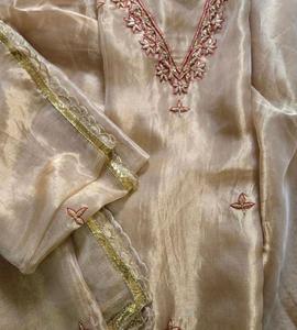 Glass <b>Tissue</b> Kurta Pant Set with Matching Dupatta Women's Designer Ethnic Wear Sheer Fabric Outfit for <b>Wedding</b> and Festive Use - Product Image 2