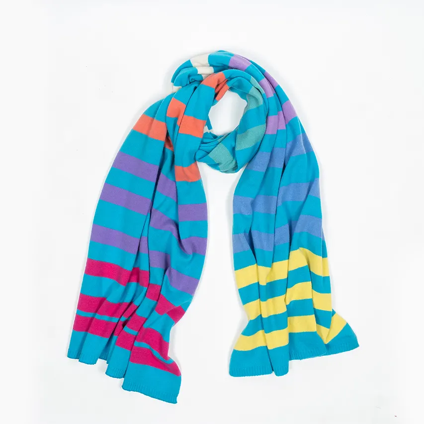 Small Sized Unisex Cashmere Scarf Winter Woman Multicolor Stylish 12gg Knitted Colorful Stripe Warm 100% Cashmere Scarf