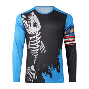Camisa de Pesca de Manga Larga con Estampado por Sublimación, Secado Rápido, UPF 50, Unisex, Ropa de Exterior, Diseño de Esqueleto de Pez Azul y Negro, Impermeable - Product Image 1