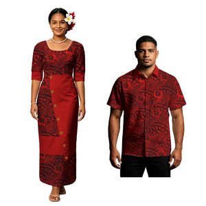 Camisas Aloha para Hombre <span class=keywords><strong>de</strong></span> Playa, Vestido Puletasi Samoano con Cuello en U para Mujer, Elegante Tapa Fijiana, Conjuntos a Juego Personalizados para Parejas, Estilo Tribal - Product Image 5