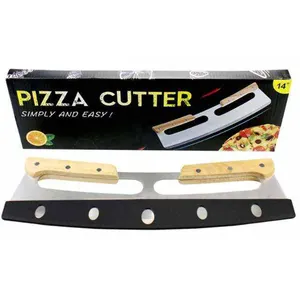 En bois Double poignée cutter pizza rouleau diviseur roue lame couteau outil acier inoxydable coupe-pizza bascule