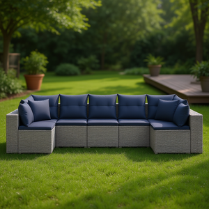 Conjunto de Sofá de Jardín de Ratán Sintético Gris con Cojines, 7 Plazas, Muebles de Exterior de Diseño Contemporáneo - Product Image 2