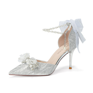 Sandalias de Tacón Alto con Cadena de Perlas Florales, Punta Puntiaguda, Tacón de Aguja, Zapatos de Novia para Mujer con Decoraciones de Lazo - Product Image 5