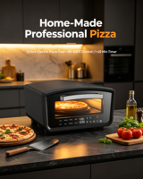 Horno de Pizza Anbolife de 12 Pulgadas, 2000W, 80-430C, Control Táctil Digital, Horno de Pizza Comercial con Puerta de Doble Vidrio y Piedra para Pizza de 12 Pulgadas