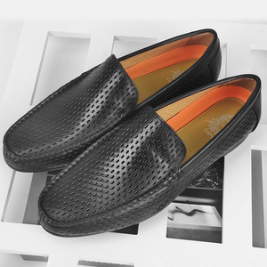 Mocassins en cuir véritable noir à bout rond, respirants, pour hommes, chaussures d'été - Product Image 4
