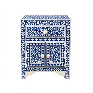 Meuble de rangement en bois bleu avec incrustations de os, motif floral, fait main, moderne, écologique, résistant à l'huile, avec tiroirs et portes - Product Image 1
