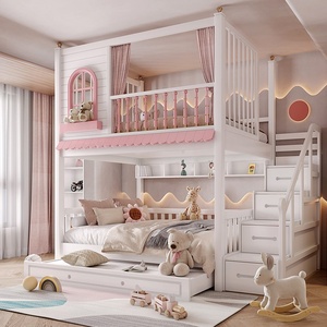 Letto a Castello in Legno Massello <span class=keywords><strong>per</strong></span> Bambine, Modello Castello dei Sogni, Colore Rosa, con Sponda Alta, Doppio Strato, Spazio di Stoccaggio e Personalizzabile - Product Image 1